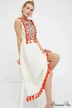 Flower Stitch Sleeveless Fringe Cotton Bohemian Dress