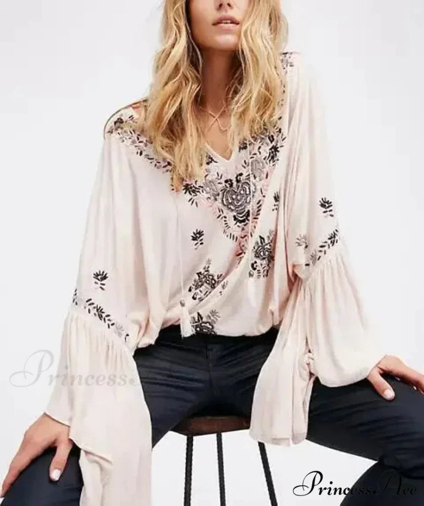 Flower Stitched Flare Sleeve V-Neck Informal Bohemian Blouse
