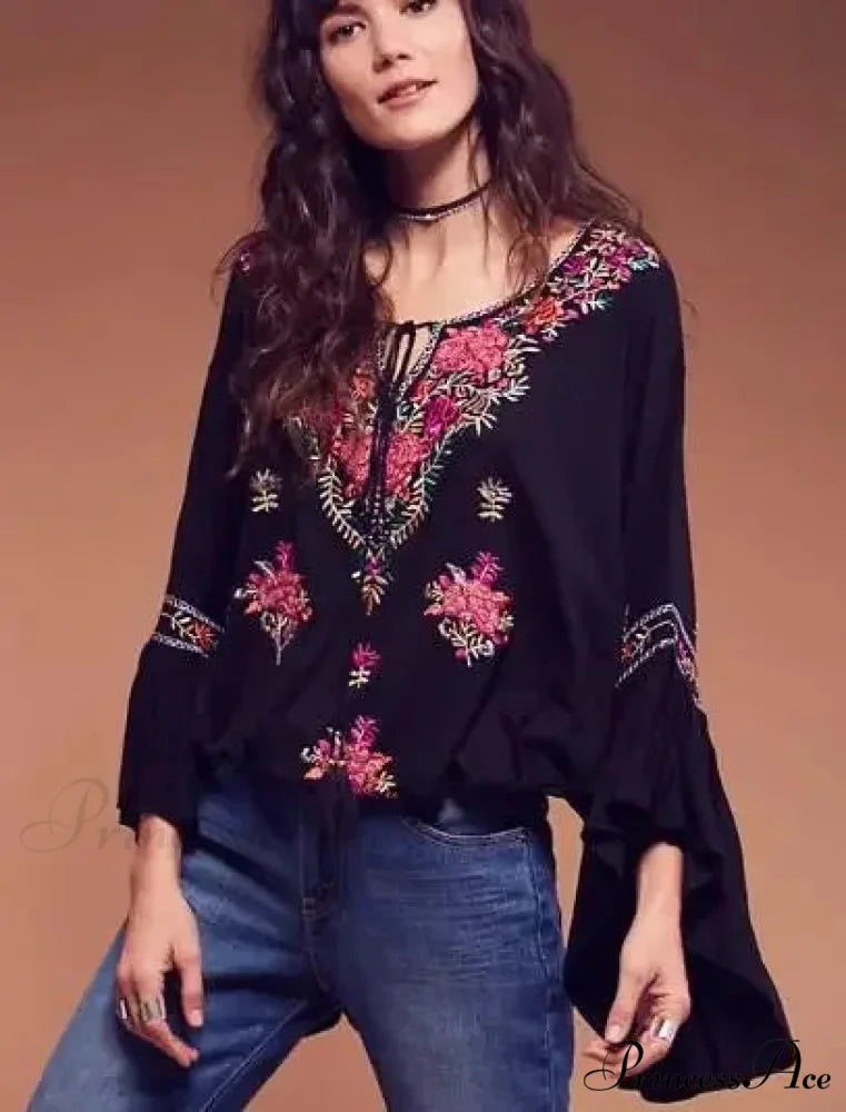 Flower Stitched Flare Sleeve V-Neck Informal Bohemian Blouse