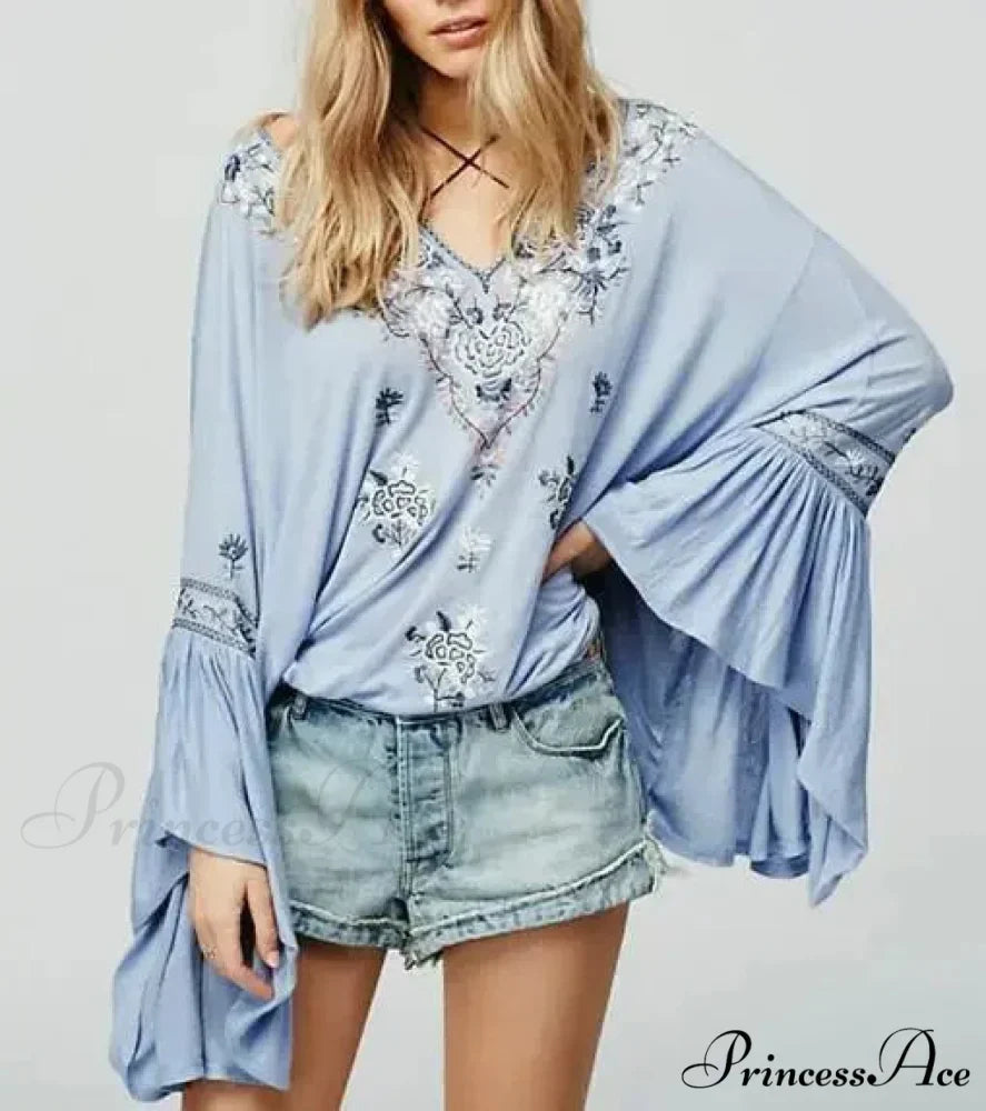 Flower Stitched Flare Sleeve V-Neck Informal Bohemian Blouse