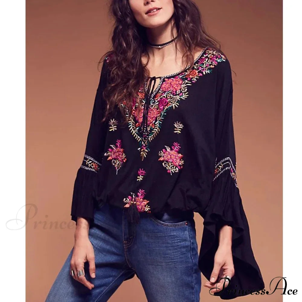 Flower Stitched Flare Sleeve V-Neck Informal Bohemian Blouse