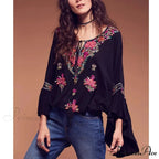 Flower Stitched Flare Sleeve V-Neck Informal Bohemian Blouse