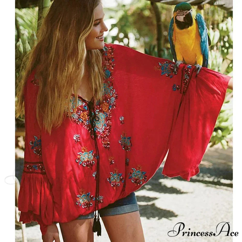 Flower Stitched Flare Sleeve V-Neck Informal Bohemian Blouse