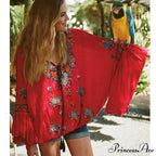 Flower Stitched Flare Sleeve V-Neck Informal Bohemian Blouse