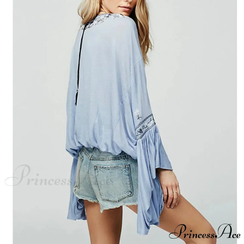 Flower Stitched Flare Sleeve V-Neck Informal Bohemian Blouse