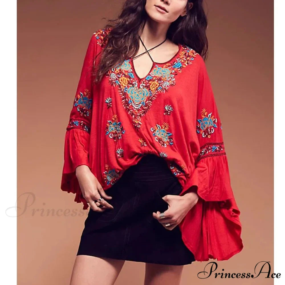 Flower Stitched Flare Sleeve V-Neck Informal Bohemian Blouse