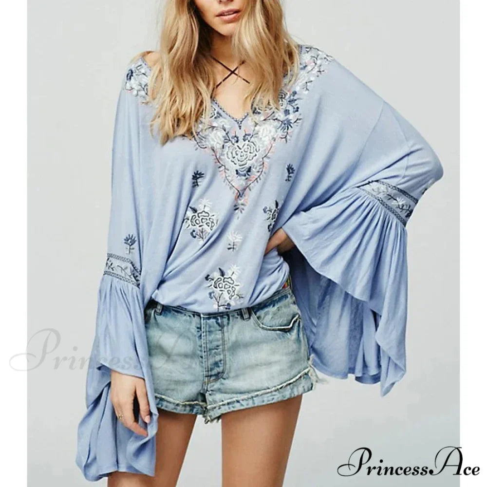 Flower Stitched Flare Sleeve V-Neck Informal Bohemian Blouse