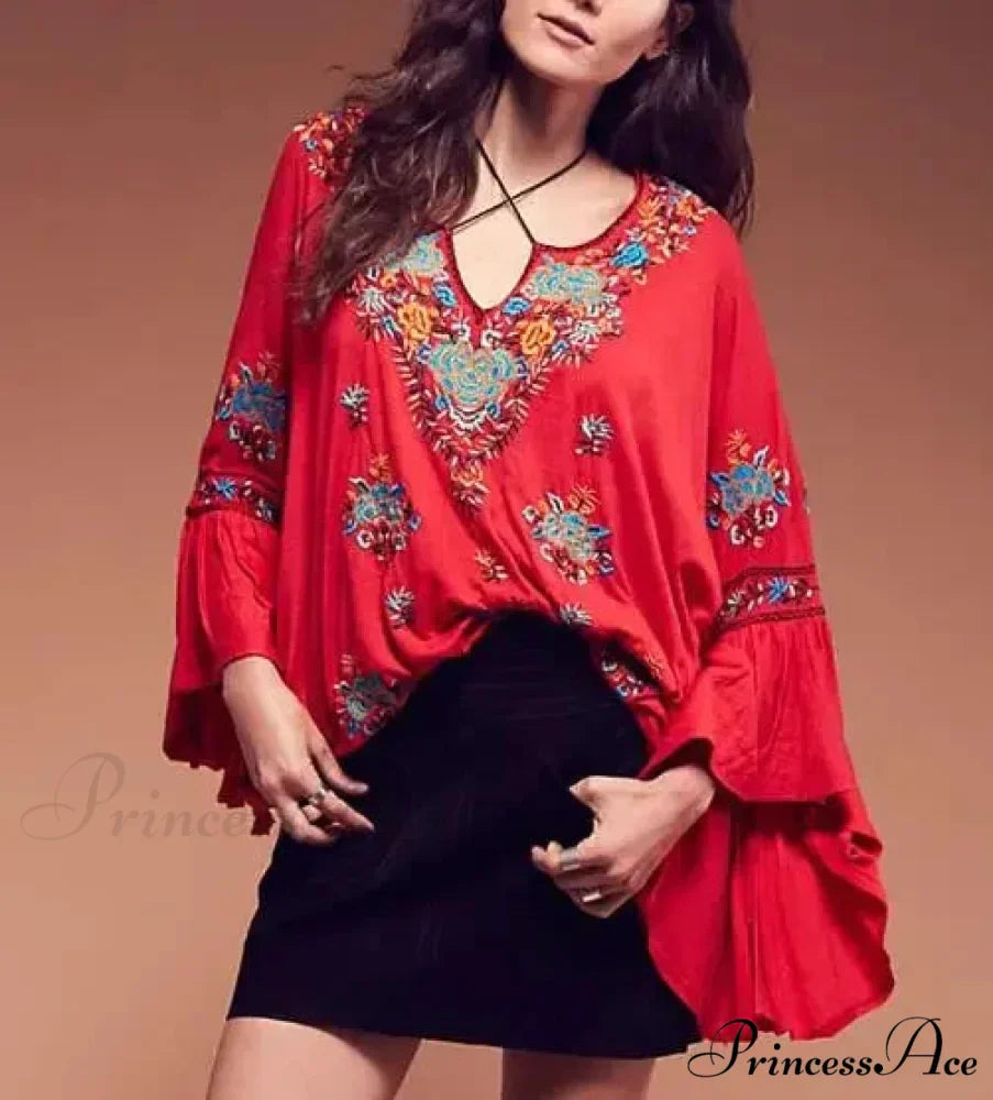 Flower Stitched Flare Sleeve V-Neck Informal Bohemian Blouse