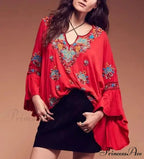 Flower Stitched Flare Sleeve V-Neck Informal Bohemian Blouse