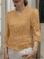 Flower Stitched Semi-Transparent Blouse V-neck Blouse
