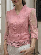 Flower Stitched Semi-Transparent Blouse V-neck Blouse