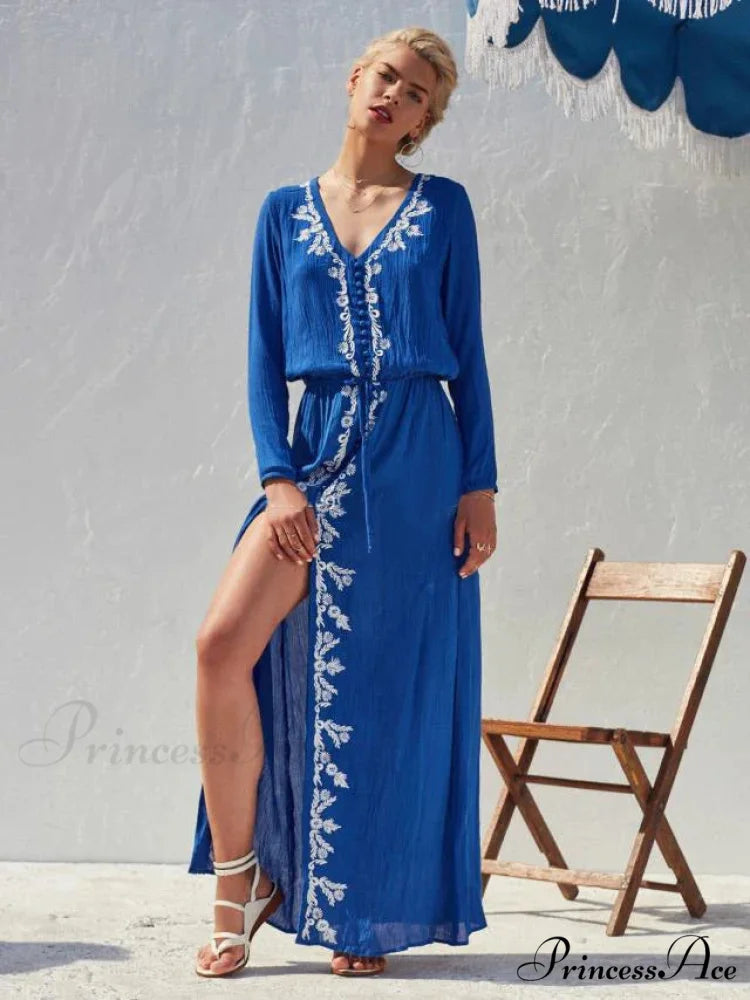 Flower Stitching Elastic Waist Vacation Long Bohemian Dress