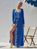 Flower Stitching Elastic Waist Vacation Long Bohemian Dress