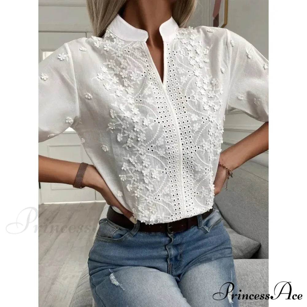 Flower Stitching Hollow Out V Neck Top