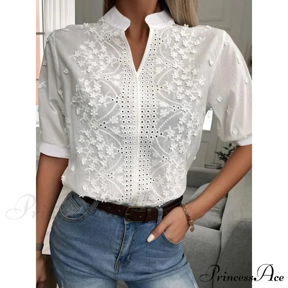 Flower Stitching Hollow Out V Neck Top