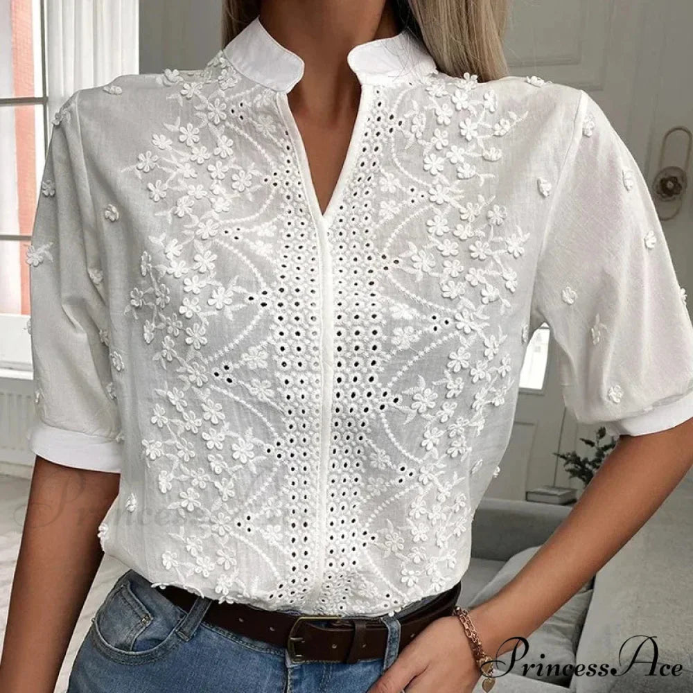 Flower Stitching Hollow Out V Neck Top