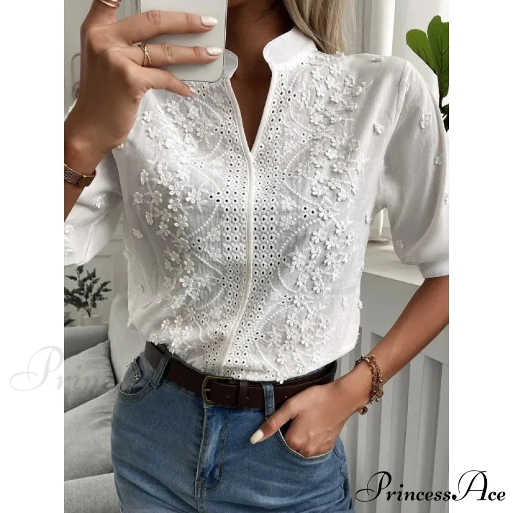 Flower Stitching Hollow Out V Neck Top