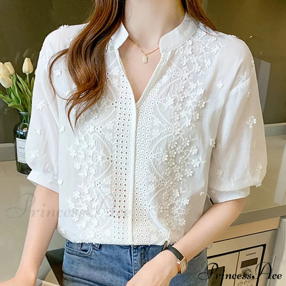 Flower Stitching Lace Hollow V-neck Blouse