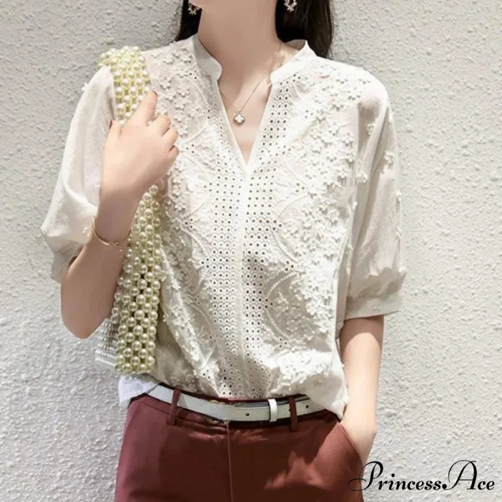 Flower Stitching Lace Hollow V-neck Blouse