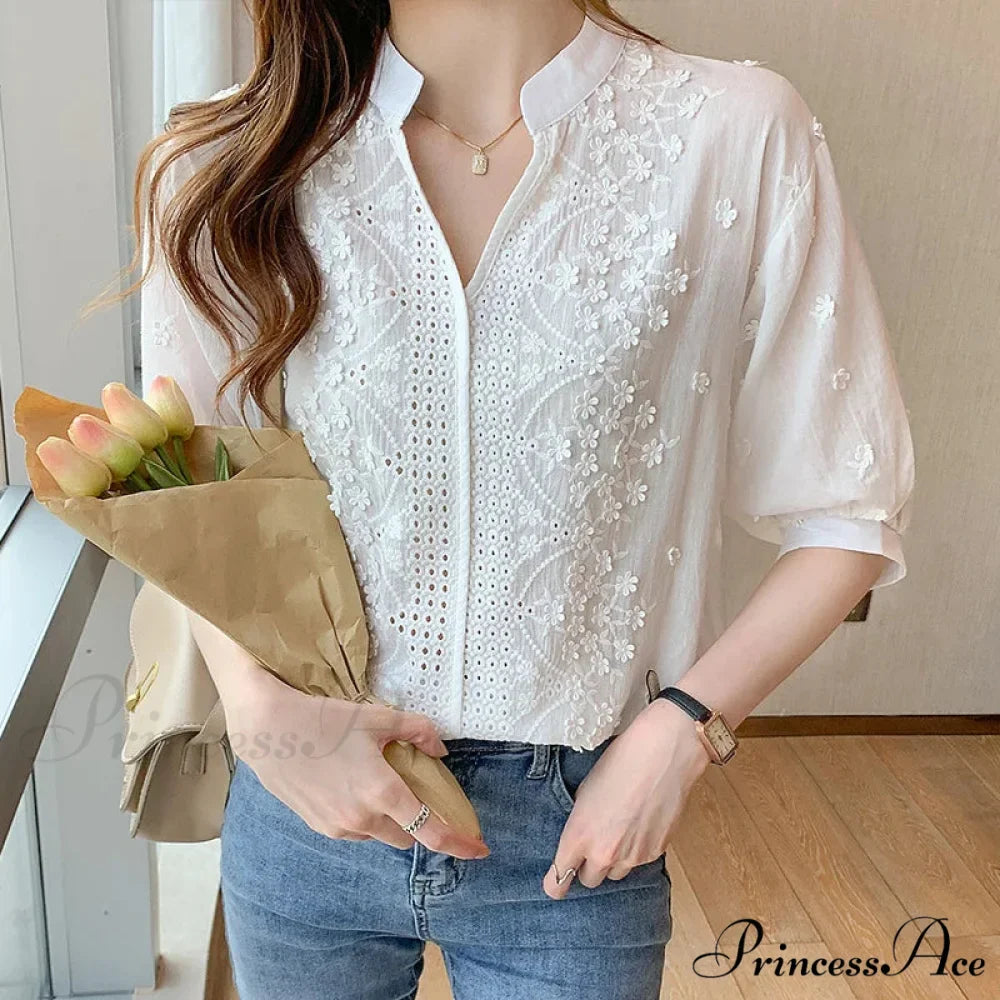 Flower Stitching Lace Hollow V-neck Blouse