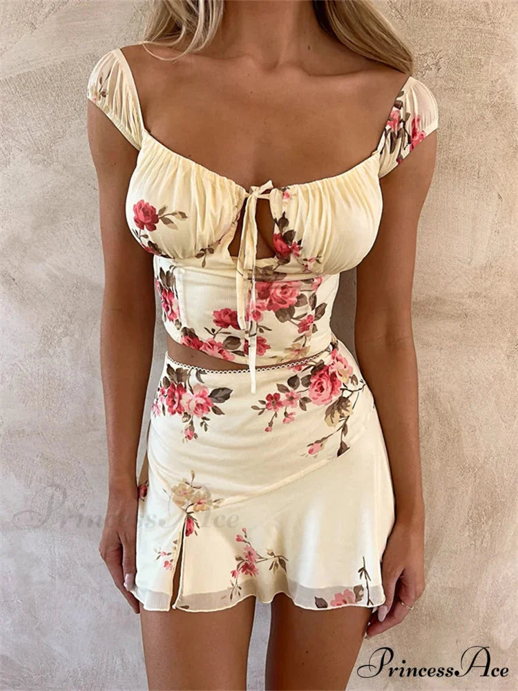 Flower Tie-up Bodice Crop Top with Mini Skirt Summer Beach Party Set