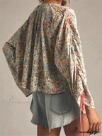 Flower Tie-Up Flare Sleeve Bohemian Blouse