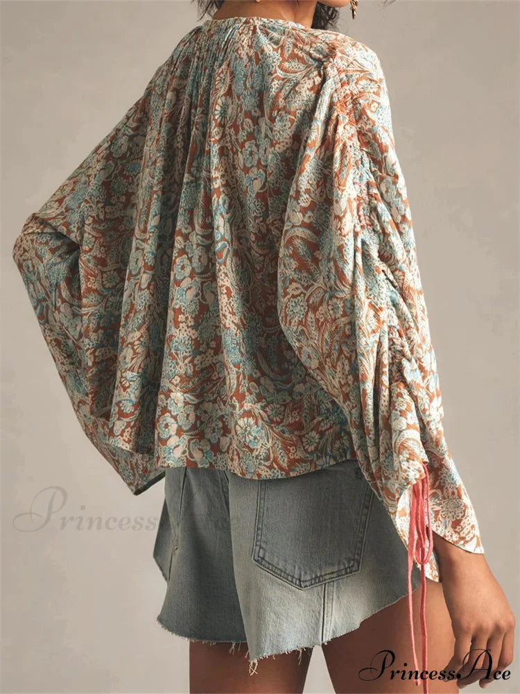 Flower Tie-Up Flare Sleeve Bohemian Blouse