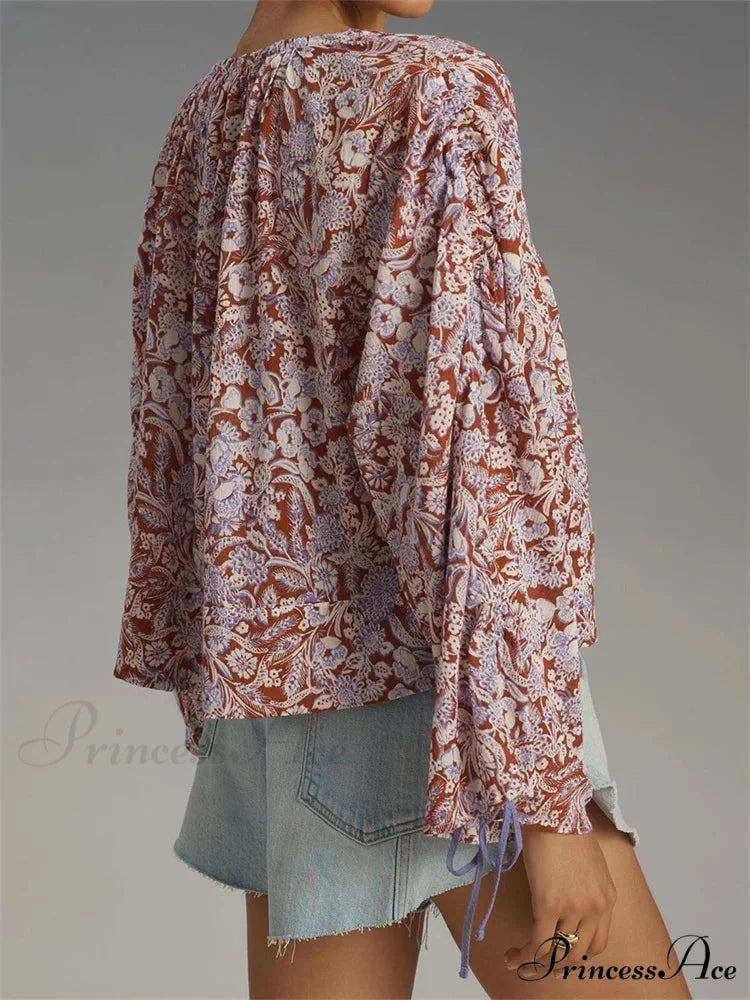 Flower Tie-Up Flare Sleeve Bohemian Blouse