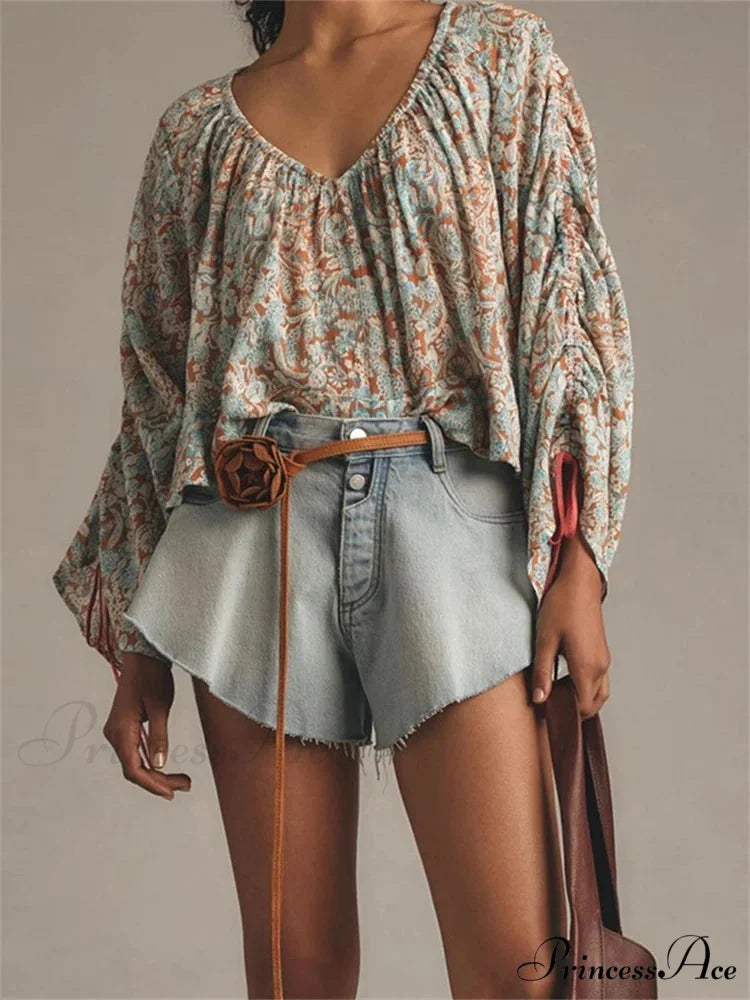 Flower Tie-Up Flare Sleeve Bohemian Blouse