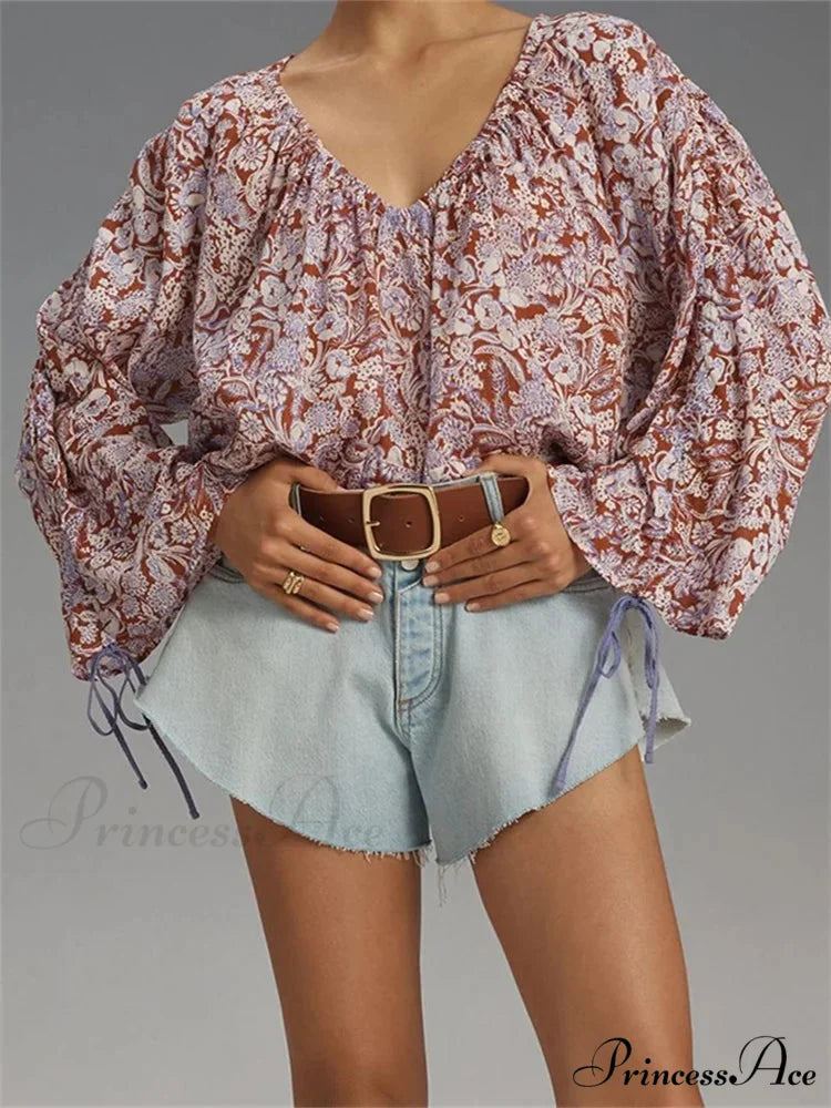 Flower Tie-Up Flare Sleeve Bohemian Blouse