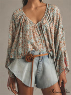 Flower Tie-Up Flare Sleeve Bohemian Blouse