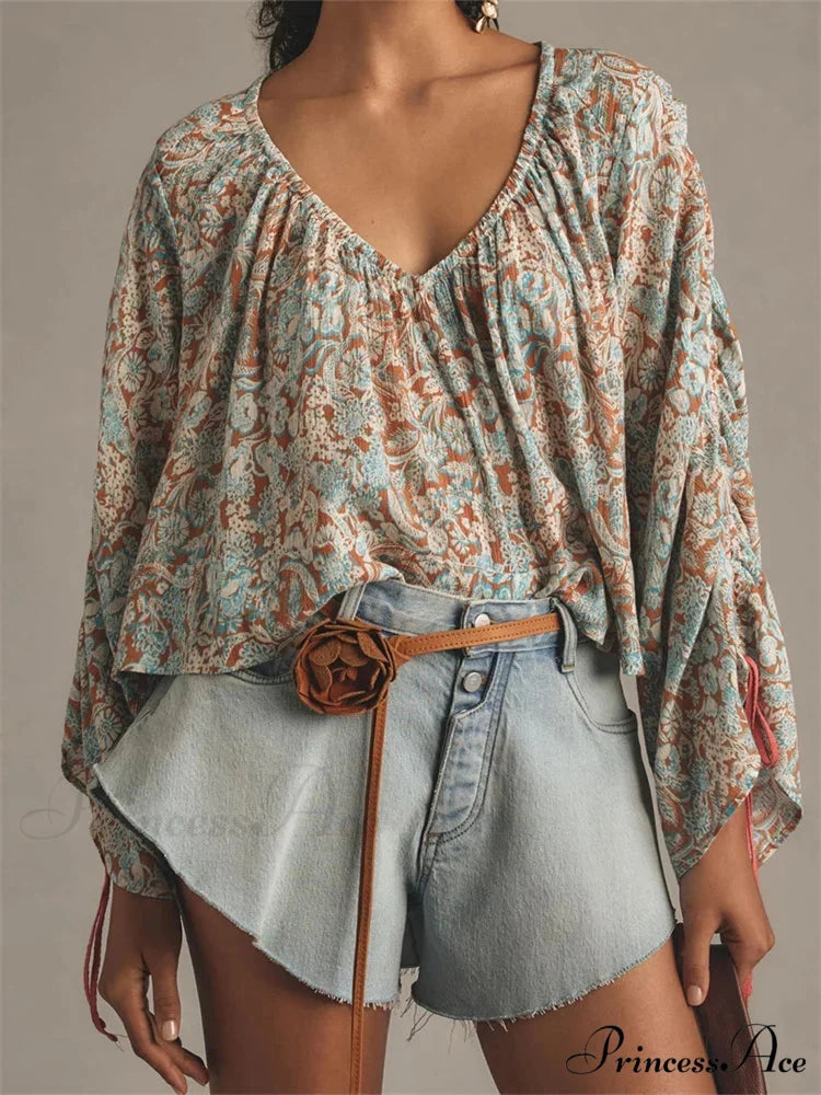 Flower Tie-Up Flare Sleeve Bohemian Blouse
