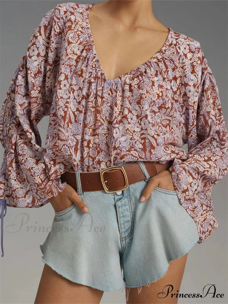 Flower Tie-Up Flare Sleeve Bohemian Blouse