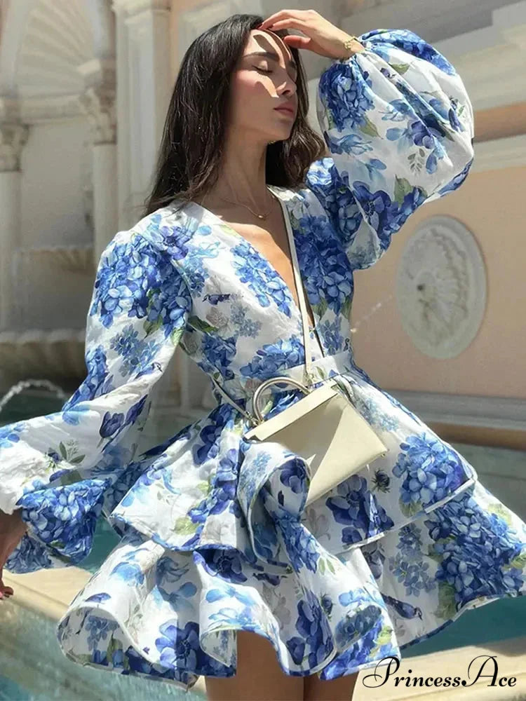 Flower V-Neck Frill Mini Flower Dress