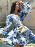 Flower V-Neck Frill Mini Flower Dress