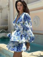 Flower V-Neck Frill Mini Flower Dress