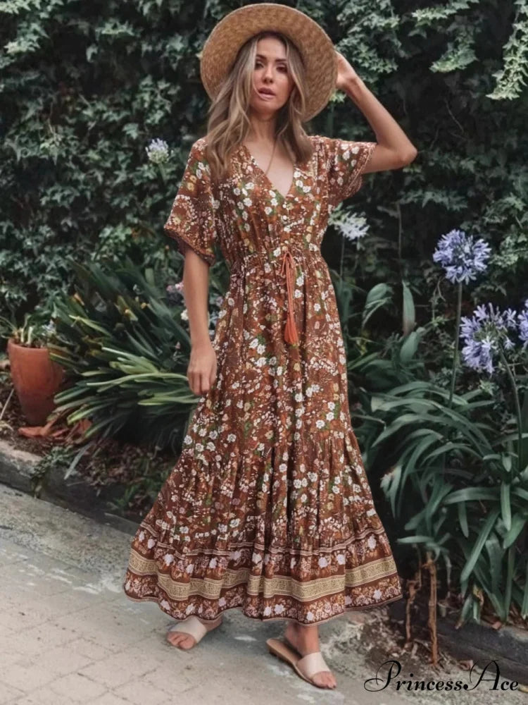 Flower V-neck Rayon Bohemian Dress