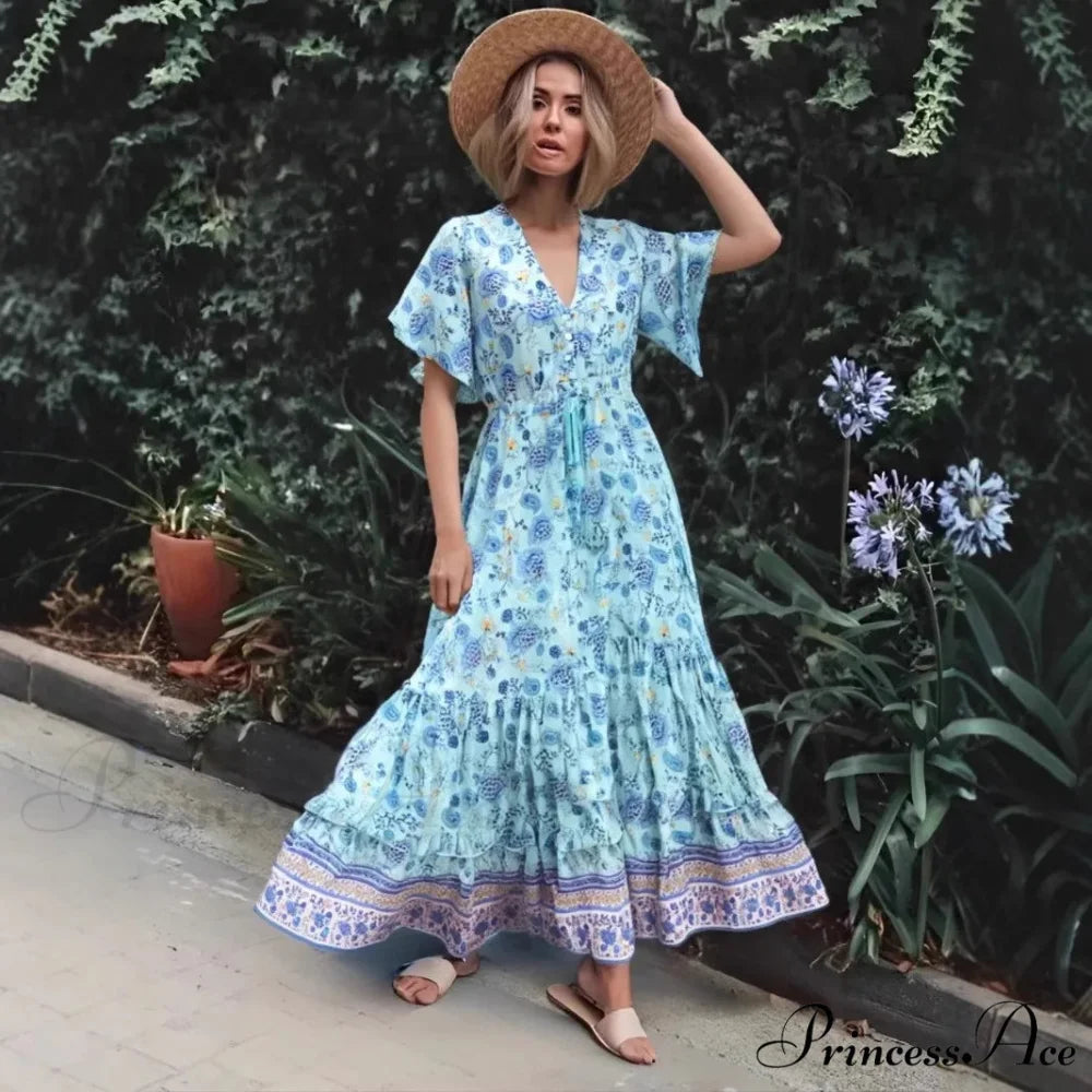 Flower V-neck Rayon Seaside Bohemian Dress