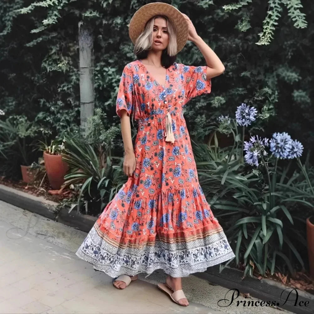Flower V-neck Rayon Seaside Bohemian Dress