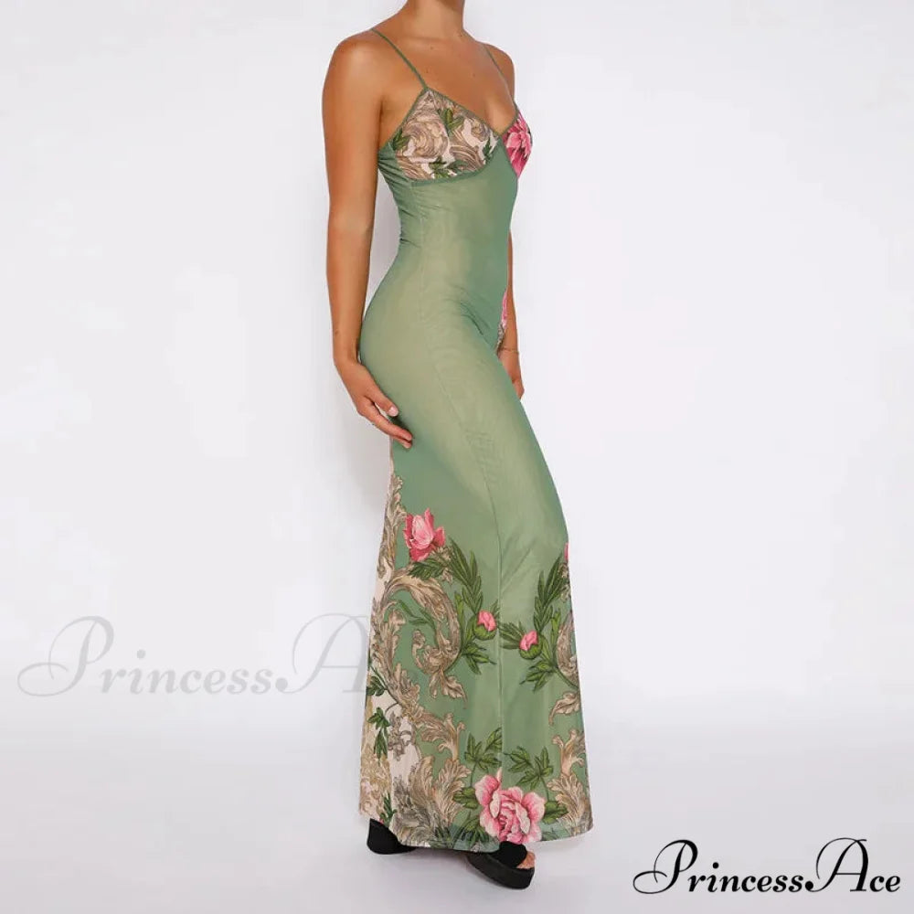Flower V-neck Trim Long Floral Dress