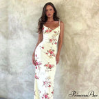 Flower V-neck Trim Long Floral Dress