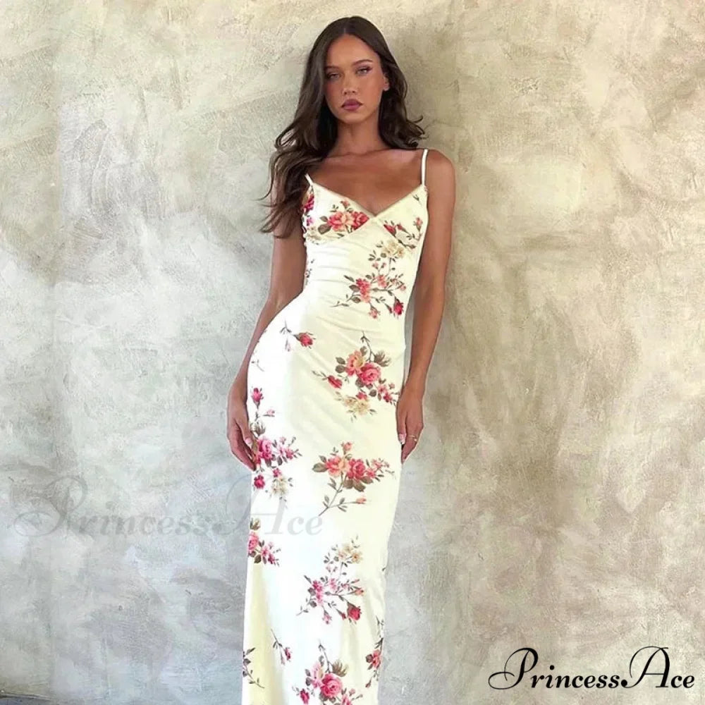 Flower V-neck Trim Long Floral Dress