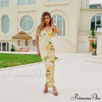 Flower V-neck Trim Long Floral Dress