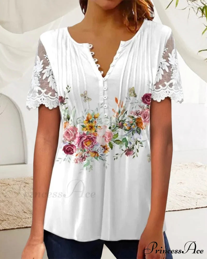 Flowered Lace T-shirt with Brief Sleeves