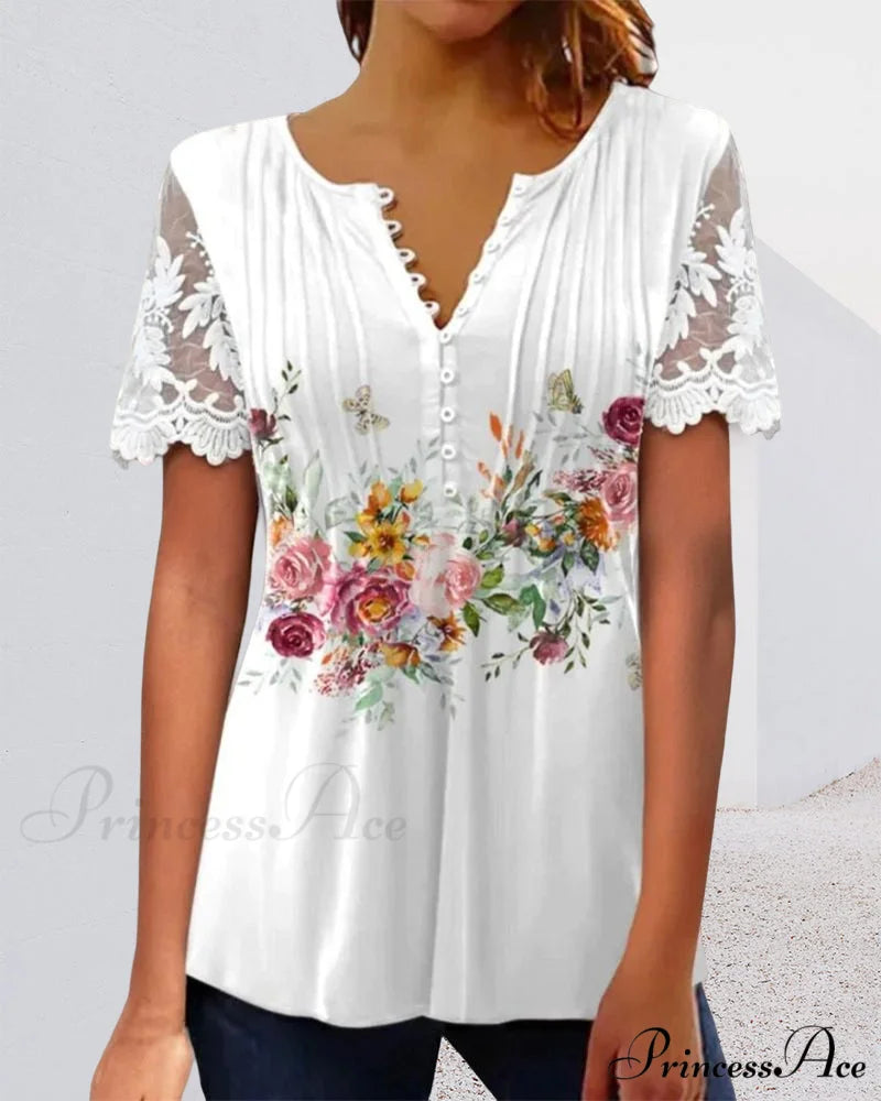 Flowered Lace T-shirt with Brief Sleeves