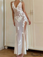 Flowers for Women Sexy Sleeveless Strap High Split Backless Mesh See Through Vestidos Party Clubwear