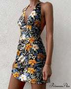 Flowers Halter Tie Up A-Line Backless Mini Dress