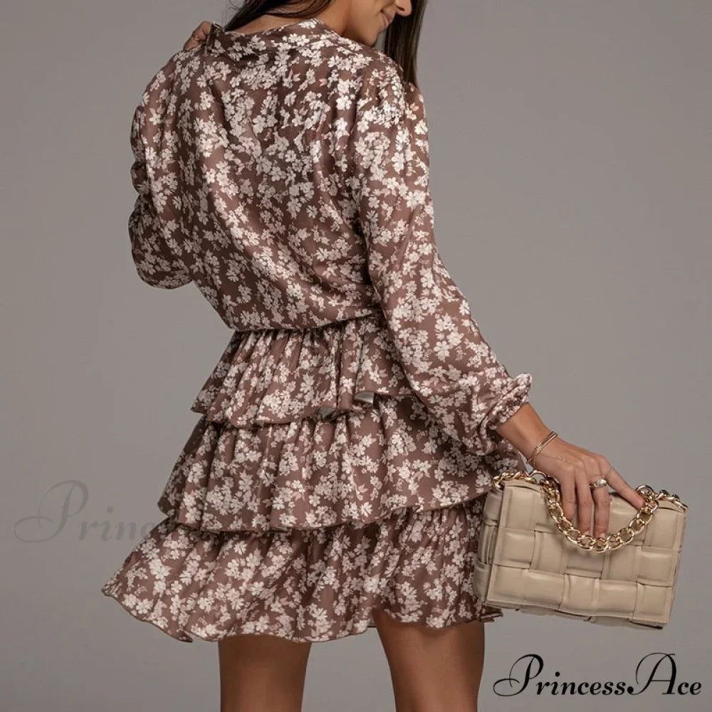 Flowers Print V Neck Green Short Dress