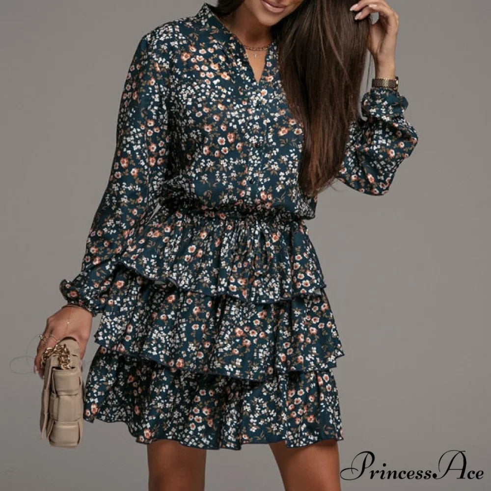Flowers Print V Neck Green Short Dress