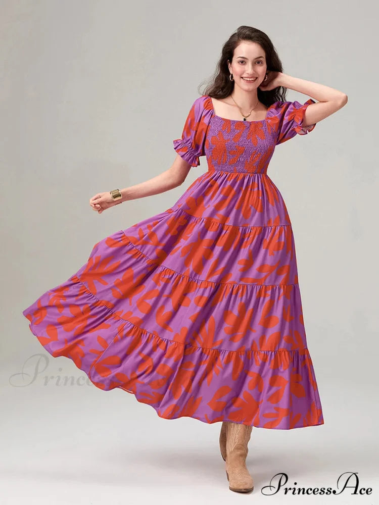 Flowery Pattern Loose Puff Sleeve Square Neck A-Line Holiday Flowery Dress